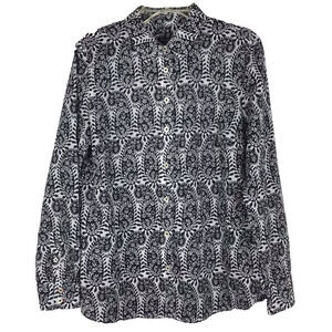 Talbots Petites Paisley Button Up Top Collared White Black Cotton Petite Small